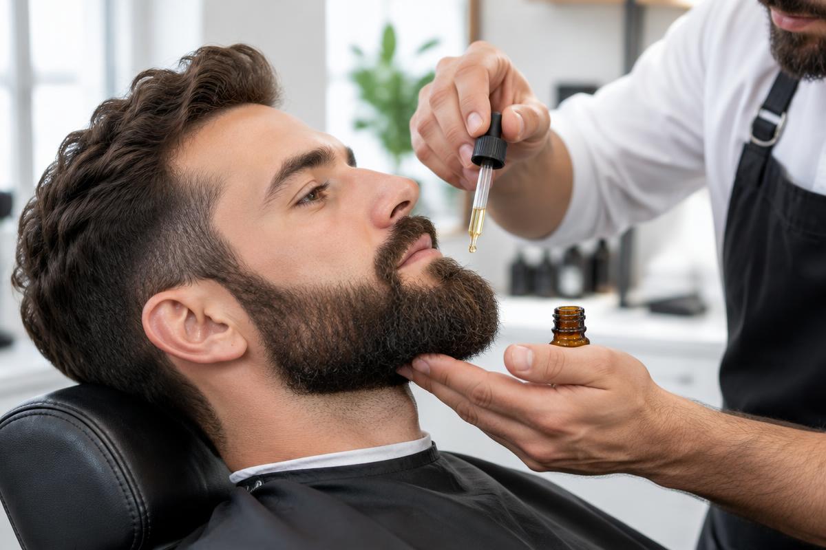 Barbeiro aplicando óleo com conta-gotas na barba cheia de um cliente
