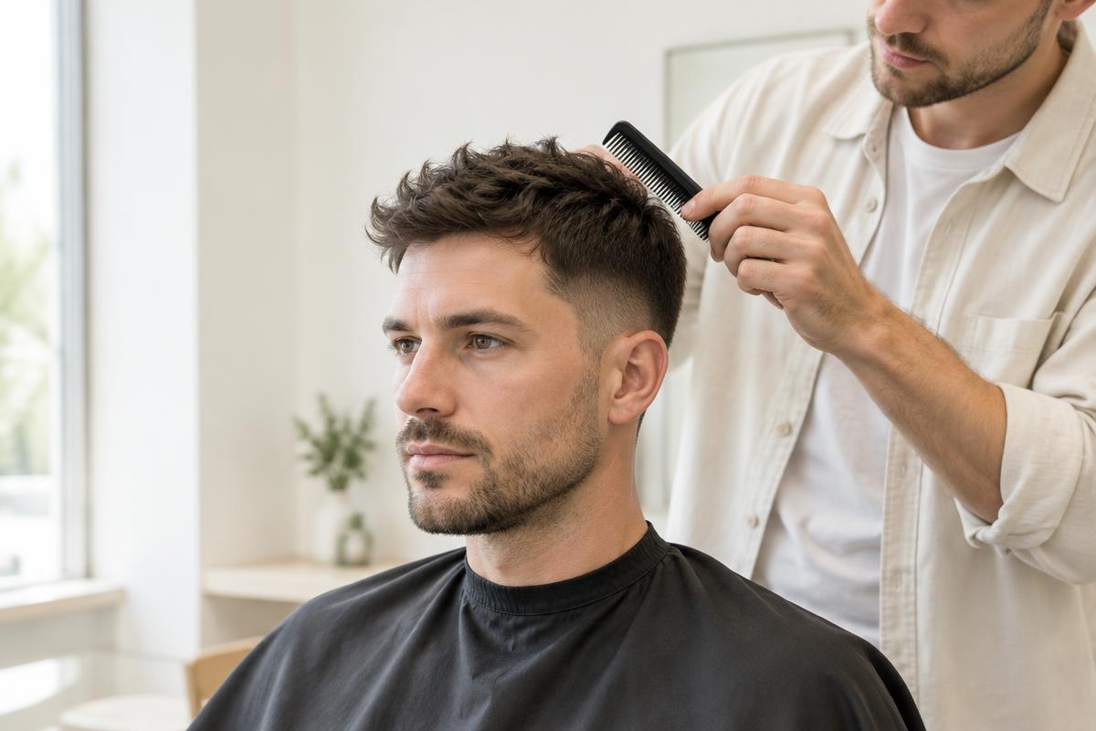 Homem com corte curto texturizado sendo penteado por um profissional em um salão claro