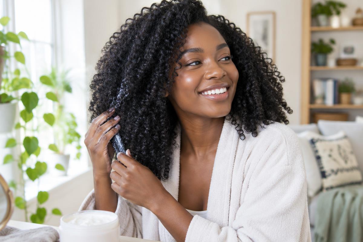 Mulher sorridente com cabelo crespo volumoso aplicando creme nos cachos em casa