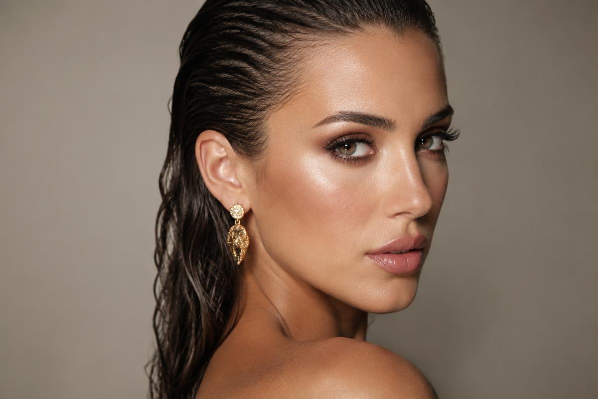 Mulher com cabelo penteado para trás em efeito molhado, maquiagem de festa e brincos dourados
